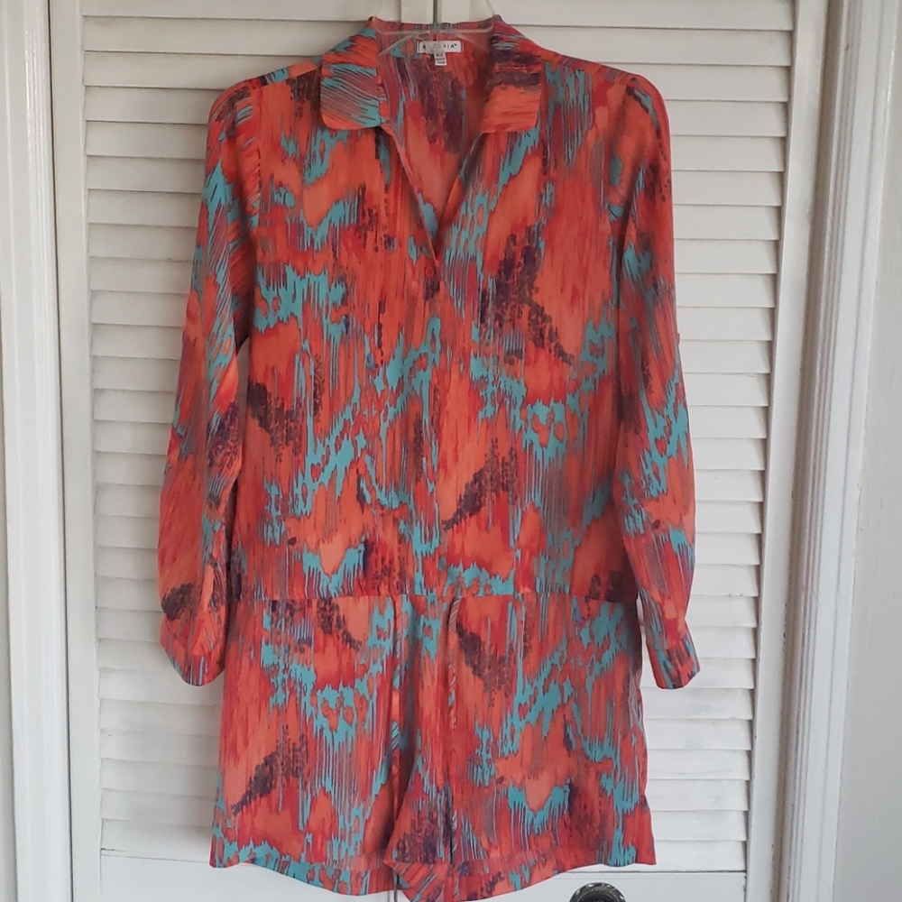 AZZARIA Orange/Blue Silky Button down Long Sleeve Romper with Drawstring,Size XS